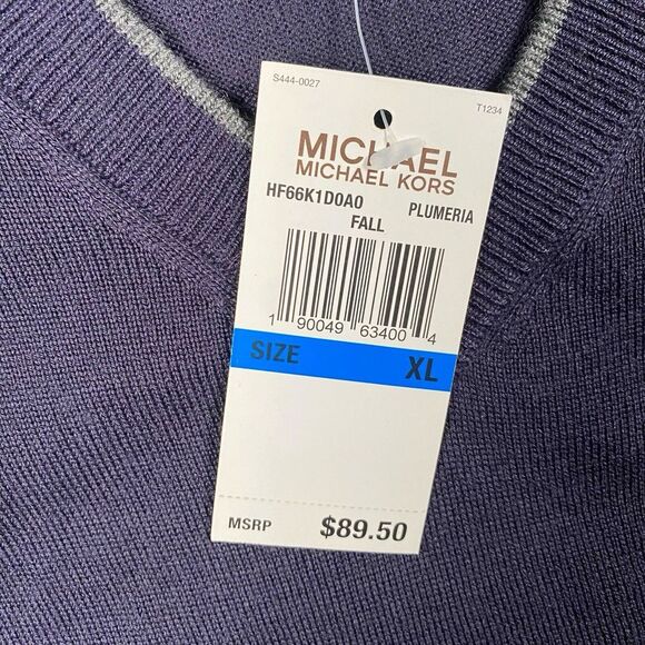 NWT Michael Kors Mens Classic Knit Sweater Wool Blend Navy Plumeria V Neck Sz XL - Picture 7 of 9